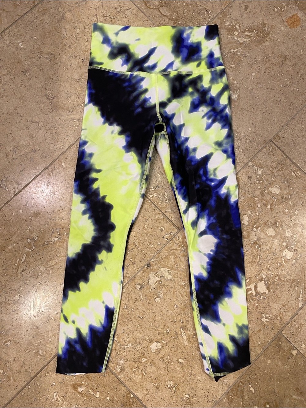Womens High-Waist Tie-Dye Leggings - Neon Yellow & Blue